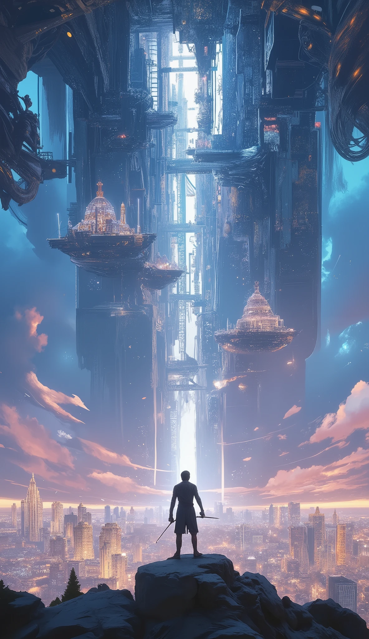 Archer Shoots an Arrow into the Sky, alone, Arrows Unleashed from a Bow、Evolve the shape into a floating city, 4K, High Resolution, realistic, Ultra fine, HDR, studio lighting, Brilliant Colors, Soft Bokeh Effects, Fantastic floating city, Arrows in the Clouds, Fearless Expression to Draw a Bow, Moments Transcending Time, Masterpieces, Artistic Conceptual Art