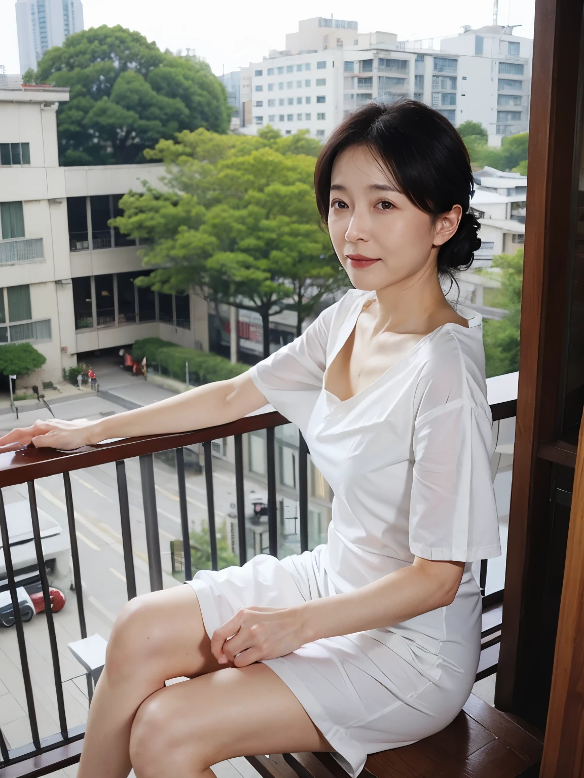 Top Quality、masterpiece、High sensitivity、High Resolution、45old slim body、glass、thin thighs、On the balcony、laundry、
