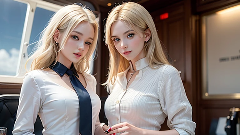 two womens、（Low position:1.2）、（low  angle shot:1.4）、crouching down、25-years old、​masterpiece、top-quality、ultra-detailliert、raw、japanes、Blonde hair、Inner Color Hair Color、（Curvaceous:1.4）、（Smaller face:1）、makeup、（eye liner:1）、eyeshadows、Pink lip、gals、Big breasts、Suit jacket、Taking off your jacket、laced lingerie、Unconventional, Sexy appearance, Skysky、Looking at the camera、Looking into the camera from above、close up of face