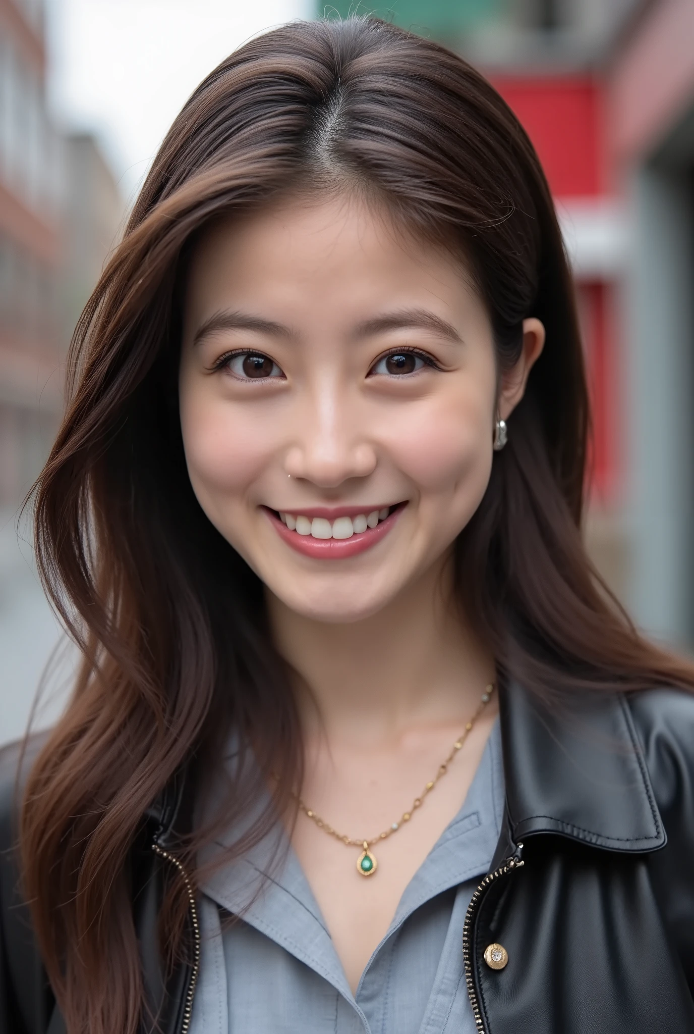 Beautiful young woman 、 Chinese women、 pale brown hair、Hairstyle Semi Long、wavy hair、、Necklace around the neck、、leather jacket、shirt、smile, Beautiful teeth alignment、Highlight teeth、 The background is the town、Ear piercing