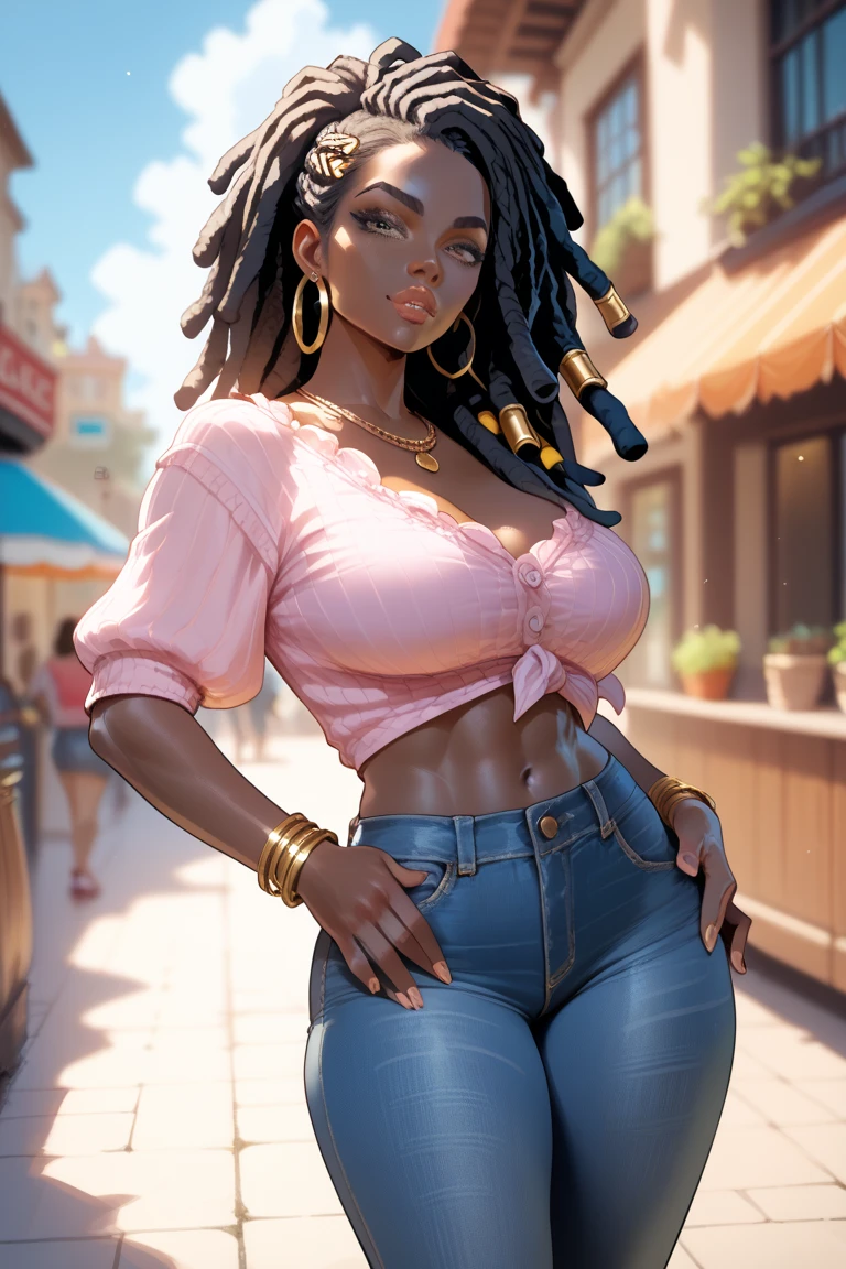 NSFW, dark skin, 1girl, official anime art illustration, gilded jeweled circlet, long black and red dreadlocks, brown eyes, (tall plump dark-skinned Haitian girl inside grocery store bakery aisle), small breasts, sheer tight detailed red crop top, short ripped tight jean shorts, thick thighs, playing with hair, wink and smile expression, perfectly photorealistic, incredibly detailed, 8k, UHD, masterpiece, best quality, ultra detailed, intricate,