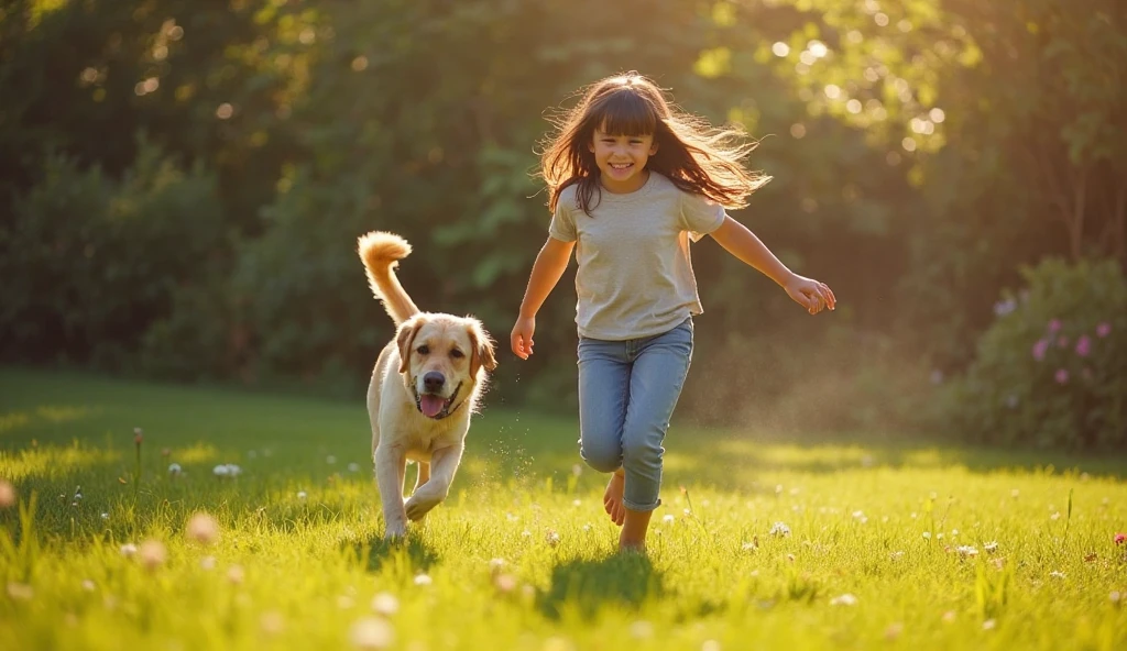 Under the bright afternoon sun, Emma, now , runs barefoot across the lush green grass, chasing after Chaz, her adolescent golden Labrador Retriever.
Her long, straight dark brown hair flows behind her as she moves, her fringe bouncing slightly with each step, revealing her honey-colored eyes filled with excitement. She wears a comfortable t-shirt and jeans, her arms outstretched as she tries to catch up to Chaz, her laughter echoing in the open space.
Chaz, now a strong and energetic young Labrador, dashes ahead playfully, his golden fur shining under the sunlight, his dark brown eyes gleaming with mischief. His tail wags high, and his paws barely touch the ground as he sprints, teasing Emma into running faster.
The garden is alive with color, the grass vibrant green, the flowers swaying gently in the breeze. The warm sunlight filters through the trees, casting soft golden highlights over Emma and Chaz as they play.
For so long, Emma had stayed inside, withdrawn and silent.
But now, she was outside, laughing, running—living.
And Chaz was leading the way, just as he always had. *