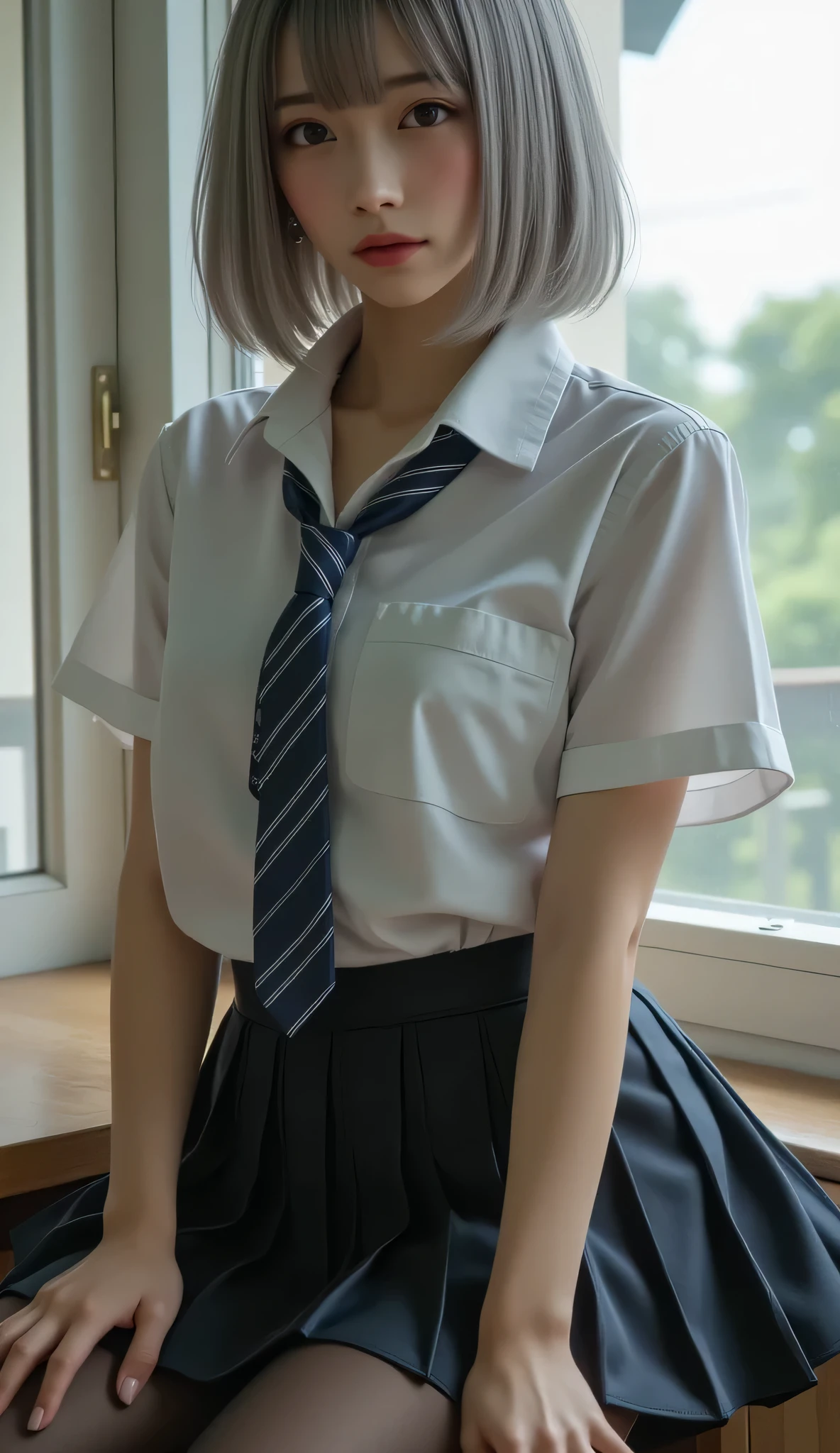 ultra-realistic, photorealistic, dramatic scene, shadow, global-illumination, solo, (age Japanese famous idol girl), very beautiful fragile Japanese girl, very beautiful with very cute but boyish cool face, (very large breasts), , , , , , (high-light gray hair:1.3), Bob cut hairstyle, (high school girl:1.1, School uniform:1.1, Extremely short pleated skirt:1.3, blue stripe tie:1.3), with the upper half tied, In classroom, (A woman wearing thin black stockings below her waist:1.3), (cleavage of the breast:1.5), , you can see the forest from the window, , , , , , , , , , , , , , , , , , , , , , , , , , , , , , , , , , , , , , , , , , , , ,
