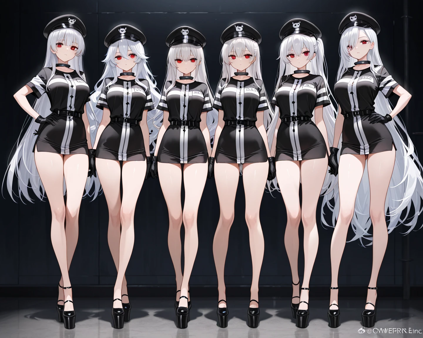 solo, 1 policewoman, very tight miniskirt, thigh gap, highheels, narrow shoulders, bursting huge breasts, narrow waist, skinny long legs
