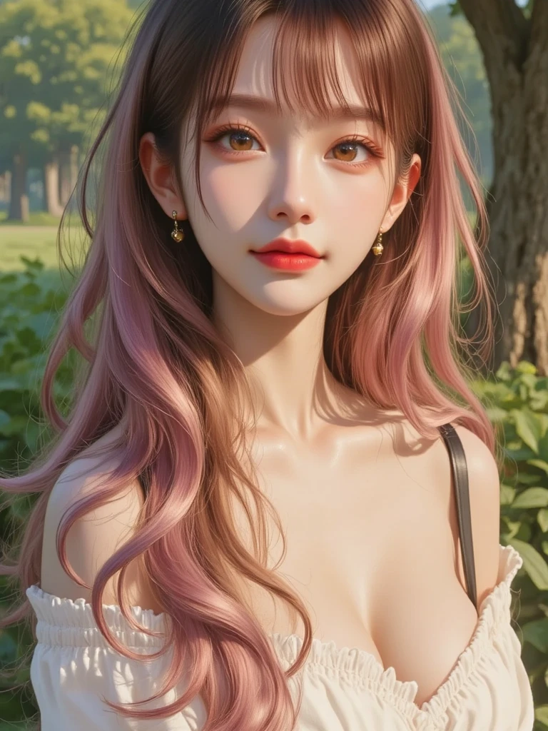 masterpiece, best quality, cute,1girl,medium hair, pink hair,  hair, wavy hair, blunt bangs, large breasts, dress, bare shoulders, flower, crossed arms,depth of field, field, <lora:jyyu:0.7>