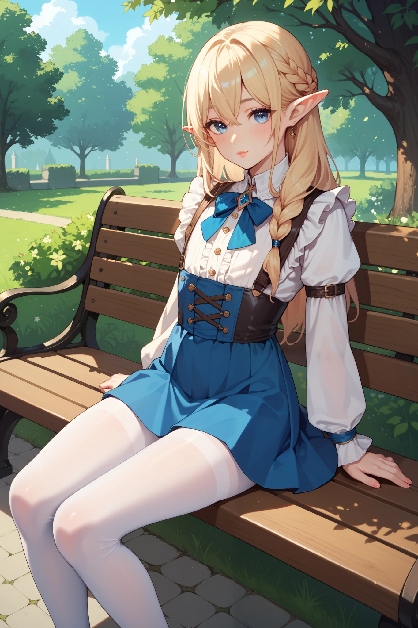 A girl wearing a hat and wearing JK,(masterpiece, best quality) detailed,silver accessories , Blonde ,elegant, Pointed ears ,Lace underwear,Double tail,Waist-length hair,Smile,Star decoration,White lace socks,thorns,Rose,Vest line