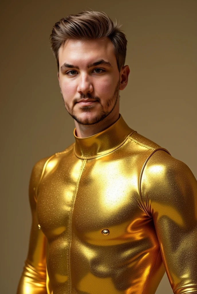 A young man in a golden tights,sense of science and technology,Ultra-clear bust,Neutral in appearance,hermaphroditism,The most attractive face in the world,blond hairbl,Europe,Three-dimensional facial features,詳細な目,Soft lips,Planets floating in outer space and in the background,Shine in space,cinematric light,tmasterpiece,People wallpapers,Highly refined,3Drenderingof。