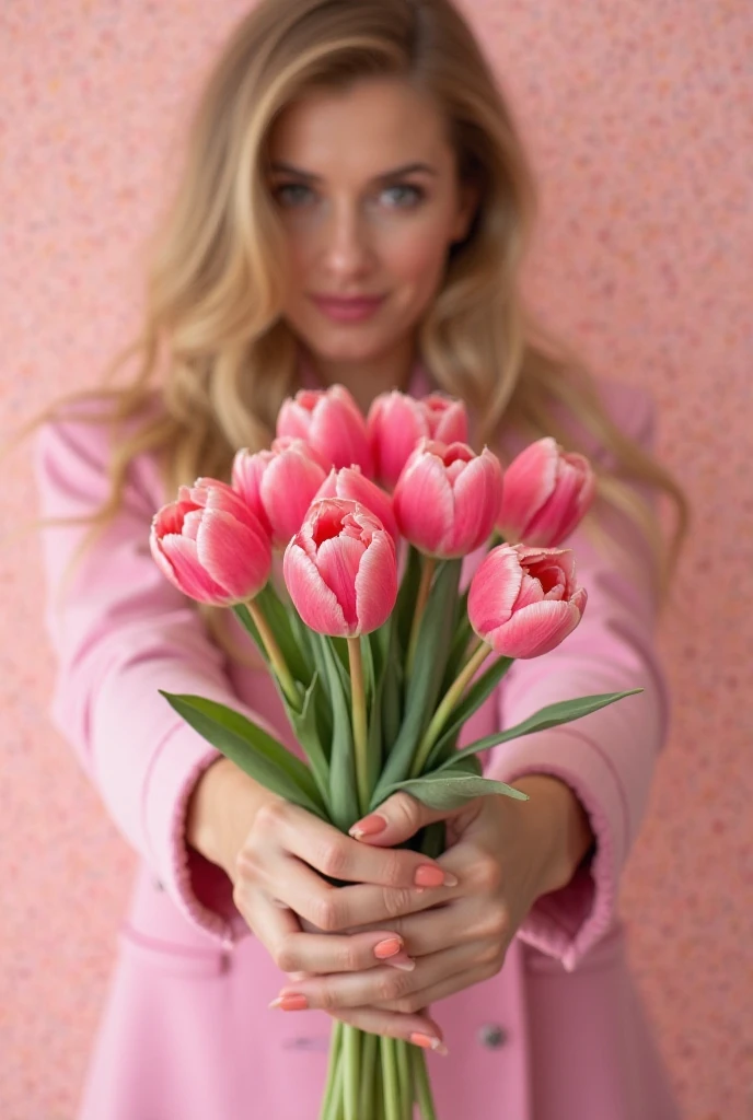 Generate an image titled 'Heartfelt Tulip Dreams', showcasing a bouquet of vibrant tulips in full bloom. Each petal of the tulip should shape like a heart, symbolizing feelings of love and compassion. A human hand, representing the combined efforts of a diverse range of biomedical engineers, male and female, from different racial backgrounds including Caucasian, Hispanic, Black, Middle-Eastern, and South Asian, weaves through the bouquet. This captures the nurturing influence of these professionals in steering the future of healthcare.