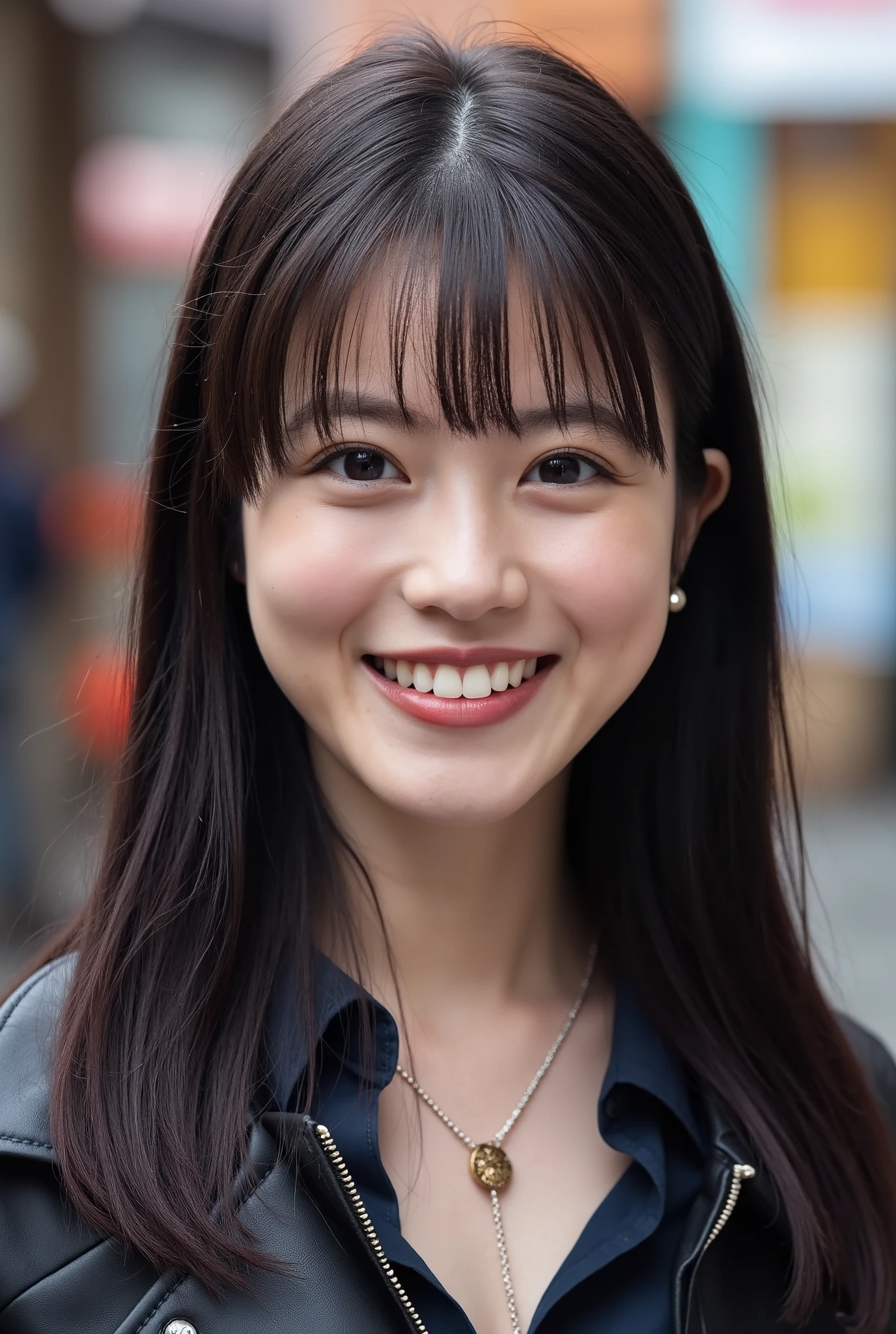 Beautiful young woman 、 Chinese women、 black hair、Hairstyle Semi Long、、Necklace around the neck、、leather jacket、shirt、smile, Beautiful teeth alignment、Highlight teeth、 Looking into the camera,The background is the town、Ear piercing