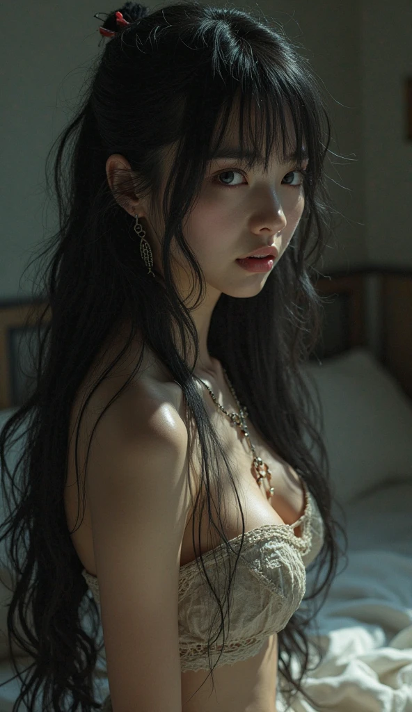 Bra Top,One person,Very young Japanese woman,The room is very cool、Beautiful lighting,jewelry,Sit on the bed,Long black hair,alone,necklace,long hair,whole body,Earrings,avert your eyes,Look to the side,compensate, Highest quality , masterpiece, figure, Very delicate and beautiful, Very detailed ,CG,Unity,8k wallpaper, wonderful, In detail, masterpiece, Highest quality,Official Art,Very detailed CG Unity 8k wallpaper,Absurd, incredibly Absurd, Large file size , Very detailed, High resolution, Very detailed,Beautiful detailed, Very detailed eyes and face, Beautiful attention to detail,Light on the face,