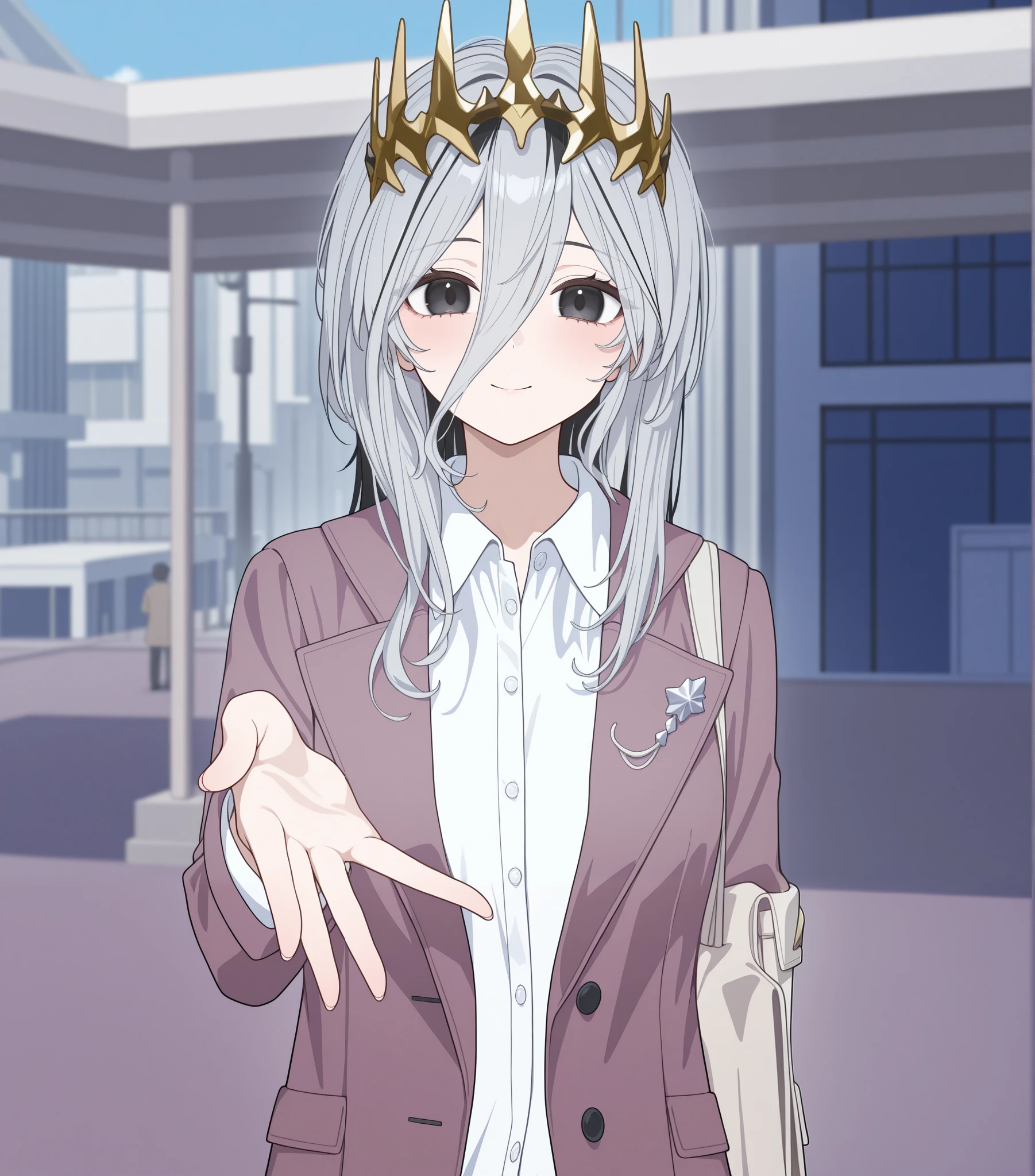 Perfect hair, perfect fingers, beautiful face, black hair, black eyes, loose hair, golden spiked crown, divine crown, crystal crown, little fingers.