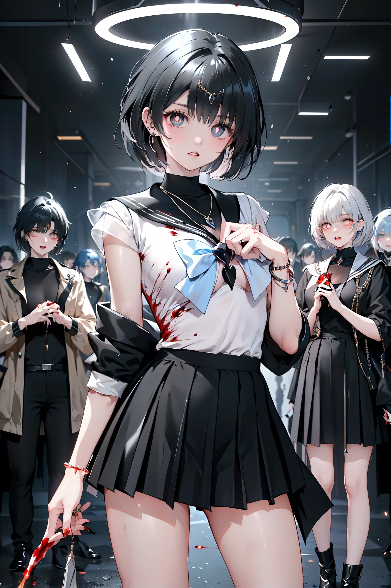 Top Quality, High Resolution, Dark Fantasy Art 。
the black sailor suit shakes。enemies(Who was invaded by enemy magic and turned into a vampire:1.5)。and(blood and completely brainwashed by evil:1.4)、(She became a family member of an enemy king:1.5),(full body shot)、
(her vertical dark pupils glow in the dark、she used to be a warrior of justice:1.7)。
( and warm 、Flickering:1.5)。
(My sharp black nails are trembling)。(white, soft, and charming thighs and legs:1.6)、(The jet black sailor suit, shirt, and skirt are stained with blood:1.3)、(The jewel on the chest shines jet black:1.3),(jet-black earrings, necklace, and bracelet:1.3),(Magical power dwells in the body and gives off an evil aura:1.5)
(Receive a spear containing a blood curse from the king)。(ordered by the king to annihilate the organization of justice)、has become an executive of the enemy king and goes on a sortie with her friends to shoot her former comrades
