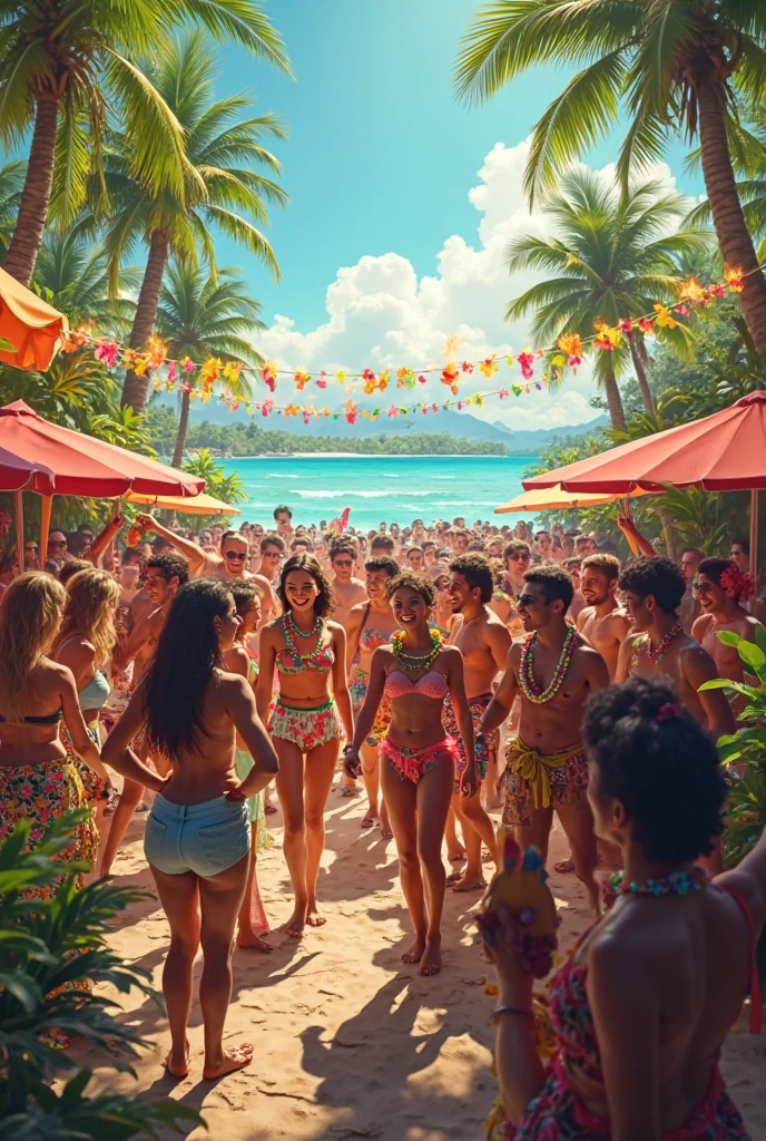 masterpiece, Best quality, ultra-realistic image, Embankment, party, women and men, beach, night, everyone is dressed in bright summer clothes. Party lights, music, ((dancing)), fun, many people, все танцуют на beachе, хороводы на beachе, lots of light from bulbs