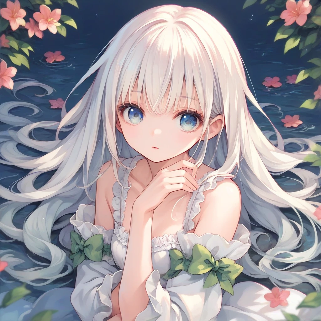 Lolita、White Rose Shrub、Soft Skin、Warm skin、Fair skin、Blue eyes、Eyes that seem to be sucked in、Blonde、A little long hair、grass、White rose hair ornament、4k、白いLolita服、love、Lying down、Spring warmth、garden、Clear skin、sunshine、