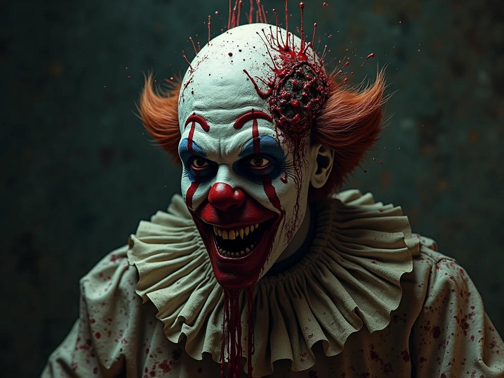 A 45-year-old man dressed as a terrifying clown, with smudged makeup, sharp, blood-stained teeth, and gruesome blood splatters on his face. His expression is intensely horrifying, with twisted, evil features that make his face 1,000 times more frightening. He wears a clown hat and has glowing, terrifying eyes. He's dressed in blood-stained clown clothes, standing closer to the camera, pointing to the left with a sinister, sad expression, against a green chroma key background