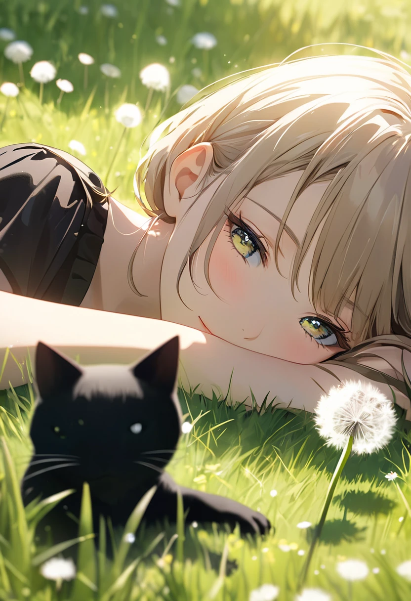 Beautiful girl anime. 8K quality. A close-up of a girl lying face down in the grass, holding a dandelion in her hand, with a black cat playing nearby. The focus is on the girl and the black cat, while the background in front and behind them is blurred. Telephoto lens effect. Bright spring sunlight. The setting is the natural grasslands of Northern Europe. Shadows are used effectively to create a three-dimensional image.