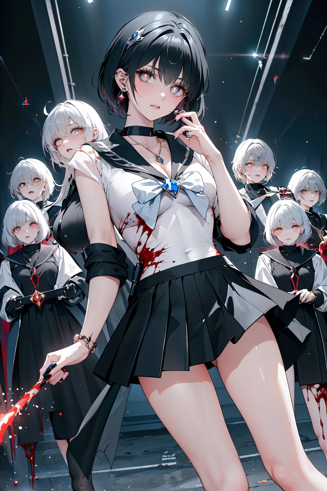 Top Quality, High Resolution, Dark Fantasy Art 。
the black sailor suit shakes。enemies(Who was invaded by enemy magic and turned into a vampire:1.5)。and(blood and completely brainwashed by evil:1.4)、(She became a family member of an enemy king:1.5),(full body shot)、
(her vertical dark pupils glow in the dark、she used to be a warrior of justice:1.7)。
( and warm 、Flickering:1.5)。
(My sharp black nails are trembling)。(white, soft, and charming thighs and legs:1.6)、(The jet black sailor suit, shirt, and skirt are stained with blood:1.3)、(The jewel on the chest shines jet black:1.3),(jet-black earrings, necklace, and bracelet:1.3),(Magical power dwells in the body and gives off an evil aura:1.5)
(Receive a spear containing a blood curse from the king)。(ordered by the king to annihilate the organization of justice)、has become an executive of the enemy king and goes on a sortie with her friends to shoot her former comrades