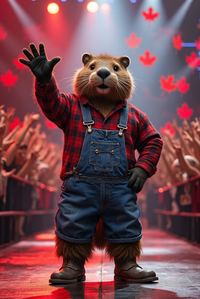 A humanoid beaver dressed in a traditional Canadian lumberjack outfit, proudly waving at the Canada’s Got Talent crowd.