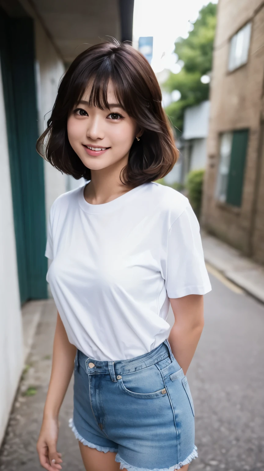 Arafed asian woman in white shirt and denim shorts posing for a picture ...