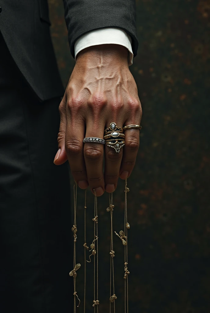 Create an image of a tattooed hand with rings, trying to catch a crown