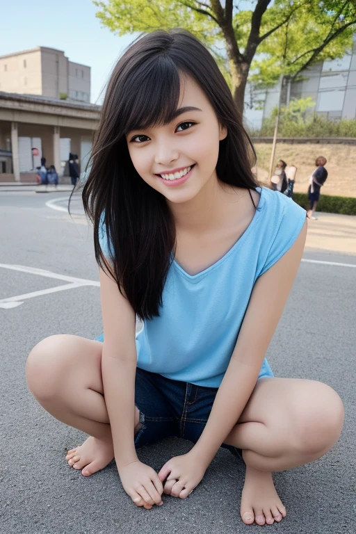 Beautiful woman looking at camera、detailed photo、petite person、(Slimed、small tit、flat boobs、small tit)、sexy  pose:1.2、Wet body、sodden、sexy  pose、Wet body、sodden、A slender、From  above、Delicate and sexy collarbone、16-year-old woman、toru & Field Athlete、（Navy Blue Sport Mini Dress:1.2）、Painted from head to knee、Show your teeth and laugh out loud、playground
