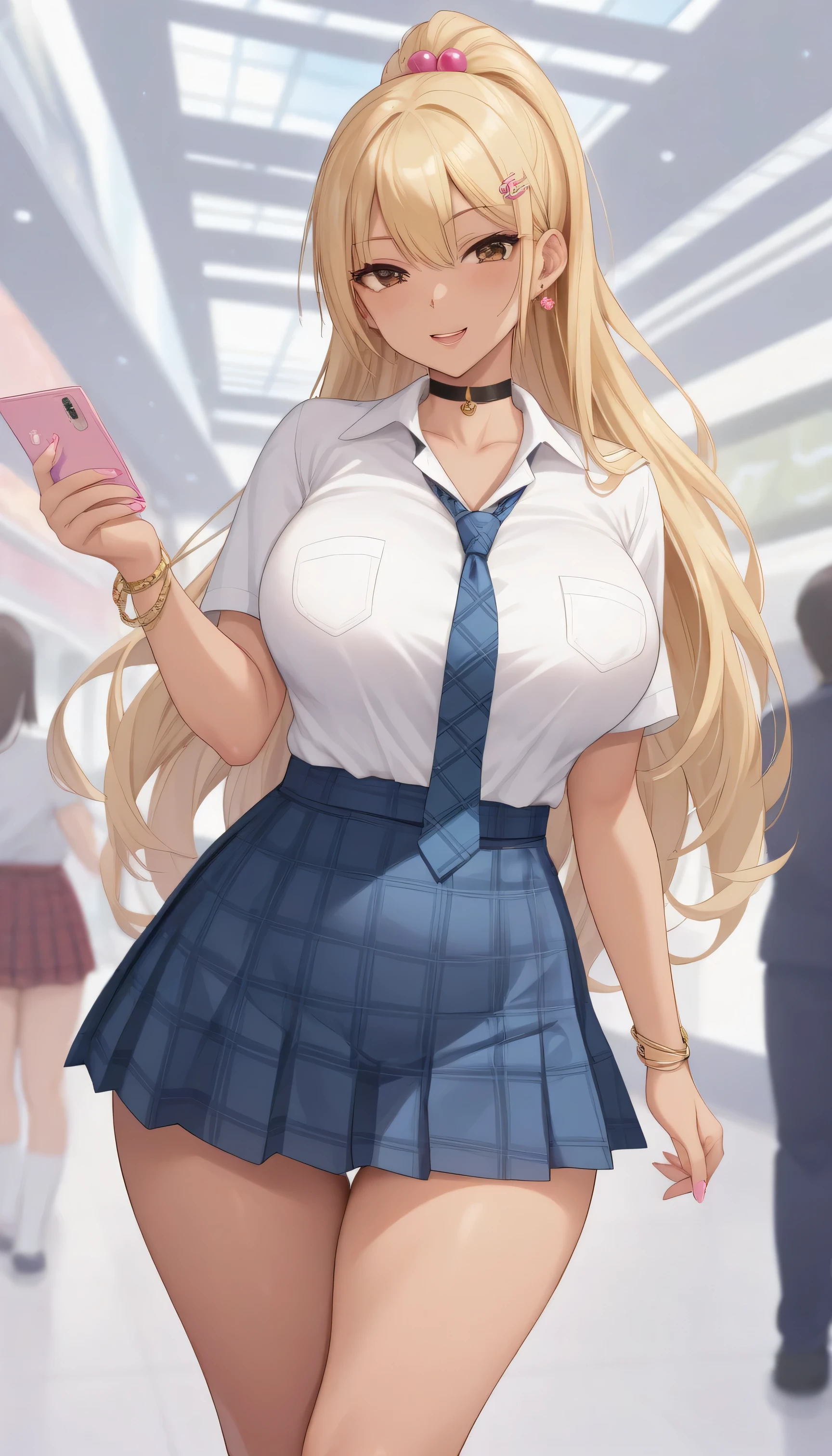 ((masterpiece、 best quality、 very detailed))、 one girl、himariishikura, 1girl, blonde hair, hair ornament, hairclip, high ponytail, brown eyes, gyaru, large breasts, kogal, very long hair, hair bobbles, skirt, shirt, jewelry, school uniform, white shirt, mini skirt, pleated skirt, earrings, necktie, choker, bracelet, blue skirt, plaid, black choker, plaid skirt, white thong pushed inside crack ass, large breast, thicc thigh, thigh ass, huge ass, mall street
