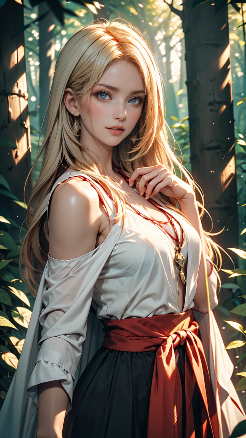 (masterpiece), (best quality), (detailed), light layer, 1solo girl, young girl in the forest in the rain, sexy red colonial dress, perfect body, blonde hair, defined chest, defined collarbone, ultra realistic, photorealistic, detailed, wet clothes, wet_hair, leg holster, back view