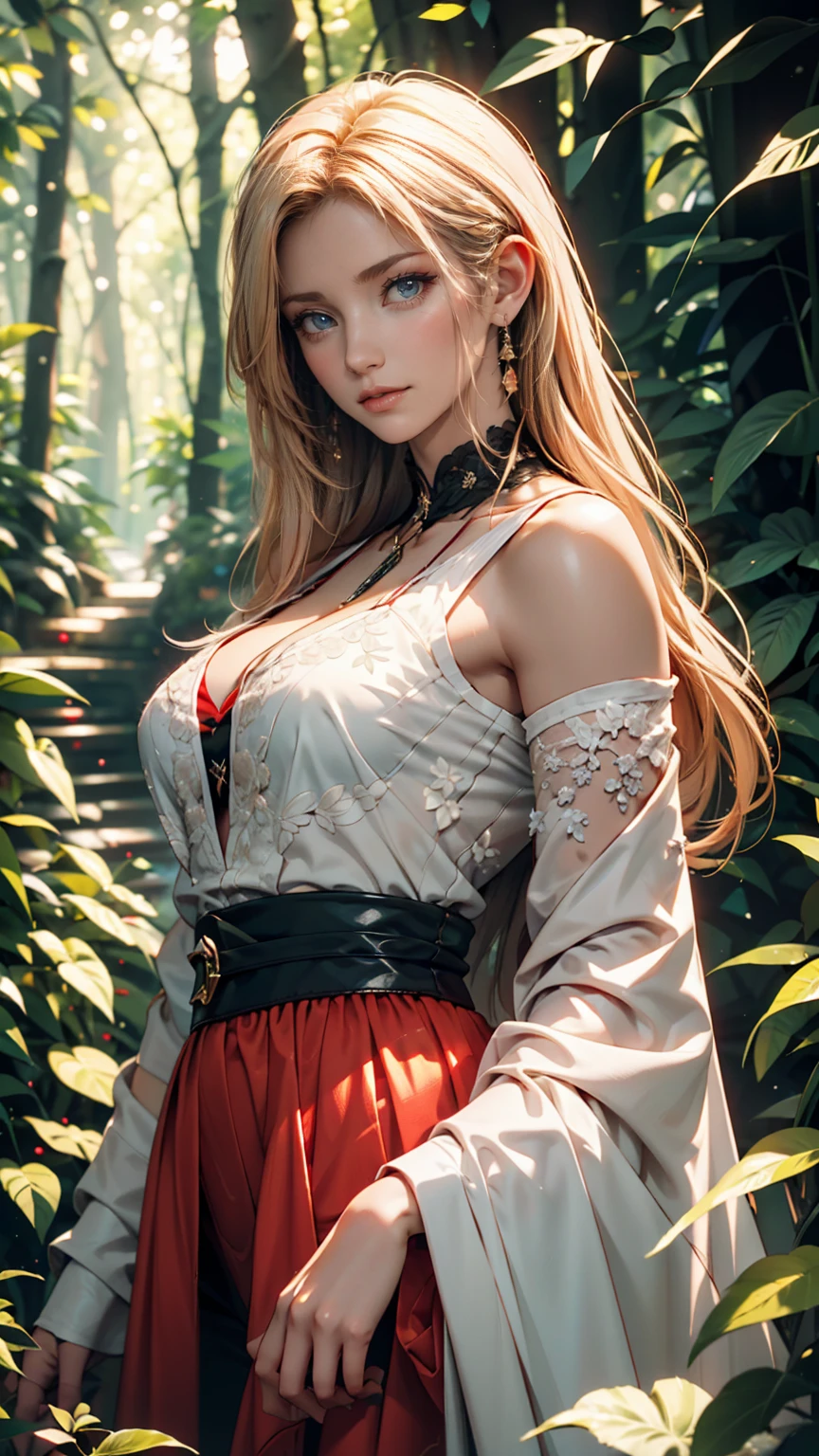 (masterpiece), (best quality), (detailed), light layer, 1solo girl, young girl in the forest in the rain, sexy red colonial dress, perfect body, blonde hair, defined chest, defined collarbone, ultra realistic, photorealistic, detailed, wet clothes, wet_hair, leg holster, upper body portrait