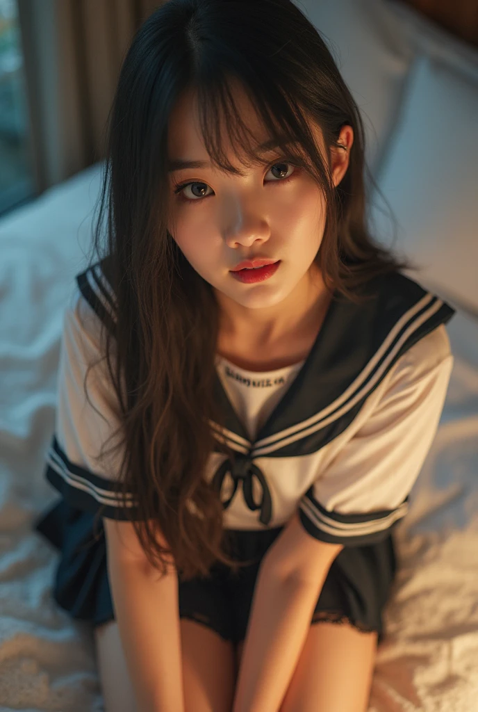 (masutepiece, Best Quality:1.2), 8K, Official art,on the bed、The dim、 cum on、cum on、cum on、feels good、Raw photo with both eyes closed, full body Esbian、Light yellow camisole、Facing up、skinny、14years、small tits、Eyes closed、Deep sadness、Sorrow、look up sky、Open mouth、screeming、 unbelievable Ridiculous, (Upper body, Sailor suit on top、Lower skirt seravuk:1.4), Beautiful Girl, Pretty Face, arching back down, cute panty、Gold hair ornament on hair、close up,  Short sleeve, gardenia, violaceaess, Teen, Street, Looking at Viewer, Film grain, chromatic abberation, Sharp Focus, face lights, Dynamic lighting, Cinematic lighting, Eyes and faces with detailed, Bokeh background, (1 dark red bow tie:1.2)