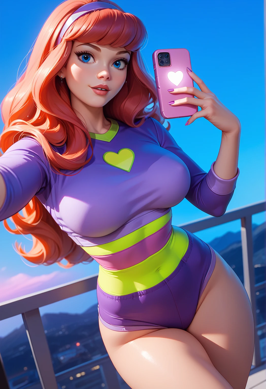 1 woman, extremely beautiful and very legitimate redhead with purple headband. ((bathroom background)), big hips, mature woman, cellphonepose, holding phone, hourglass body, big bright purple eyes, wearing a white tshirt and a purple panty, purple thong, White tshirt. phone in one hand. thick thighs, saggy breasts, (green scarf), symmetrical body, sensualizing, pouting with orgasmic expression, highly arousing, high quality, UHD, cinematic, dynamic close-up above.