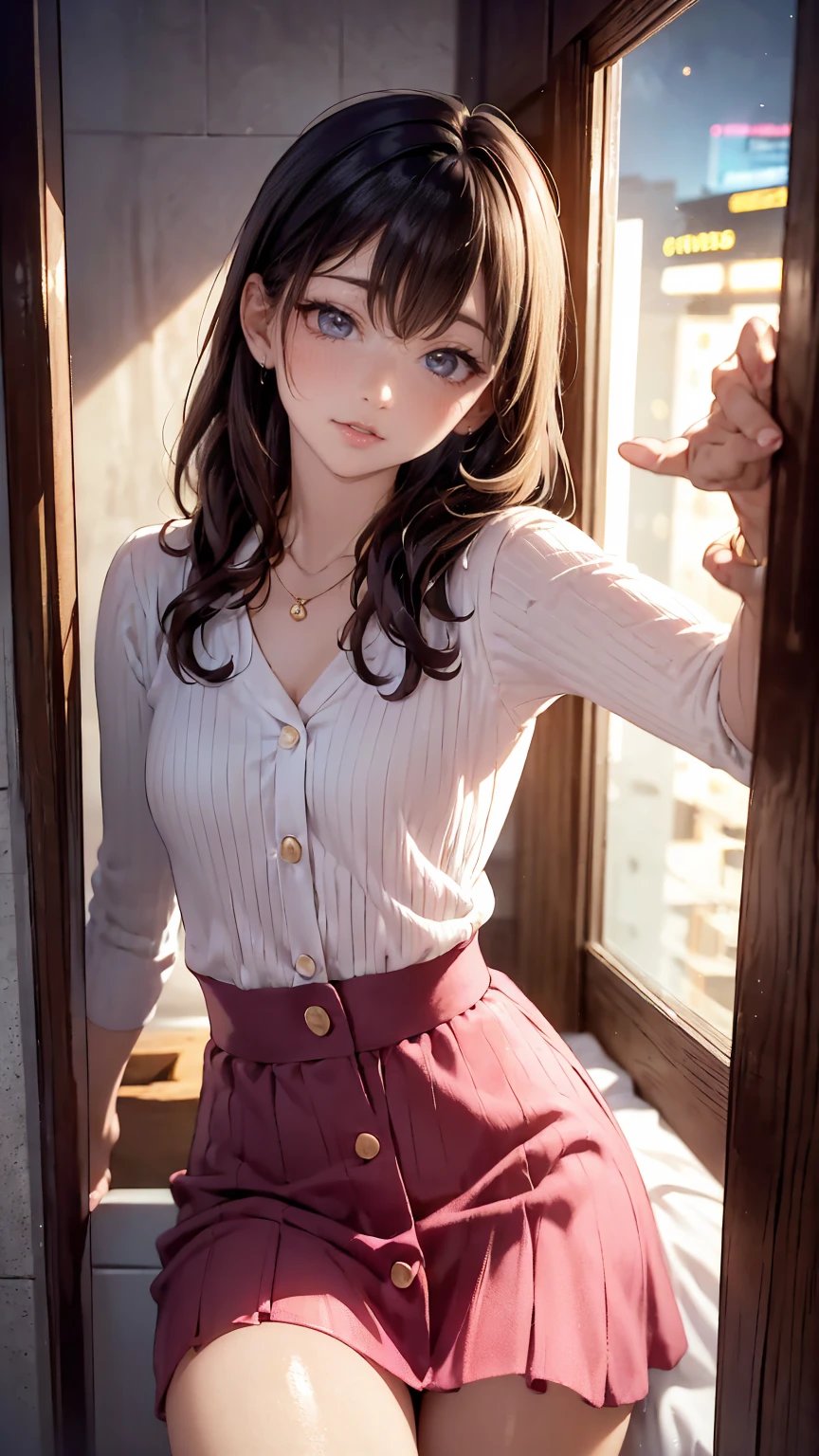 (Higher resolution, clearly_image) Best quality, A woman, masterpiece, Very detailed, Semi-realistic, 21 years old, beautiful, young, Handsome, t-shirt, Lilac shirt pull, Collar around the neck, Internal, modern room, window, wake up, morning, blush, Smile