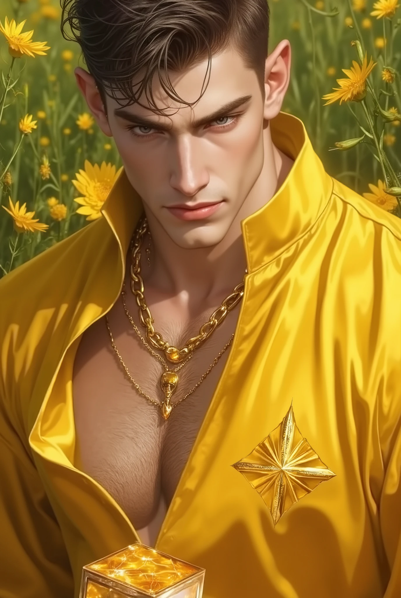 Young wizard man, Handsome, sexy in a rich yellow outfit, tunic style that leaves your abdomen exposed, with a with glemering golden sun logo. super shiny cube box in his right hand , pronounced glutes, delicate appearance. weadow background photo style. Crew Cut hair styles