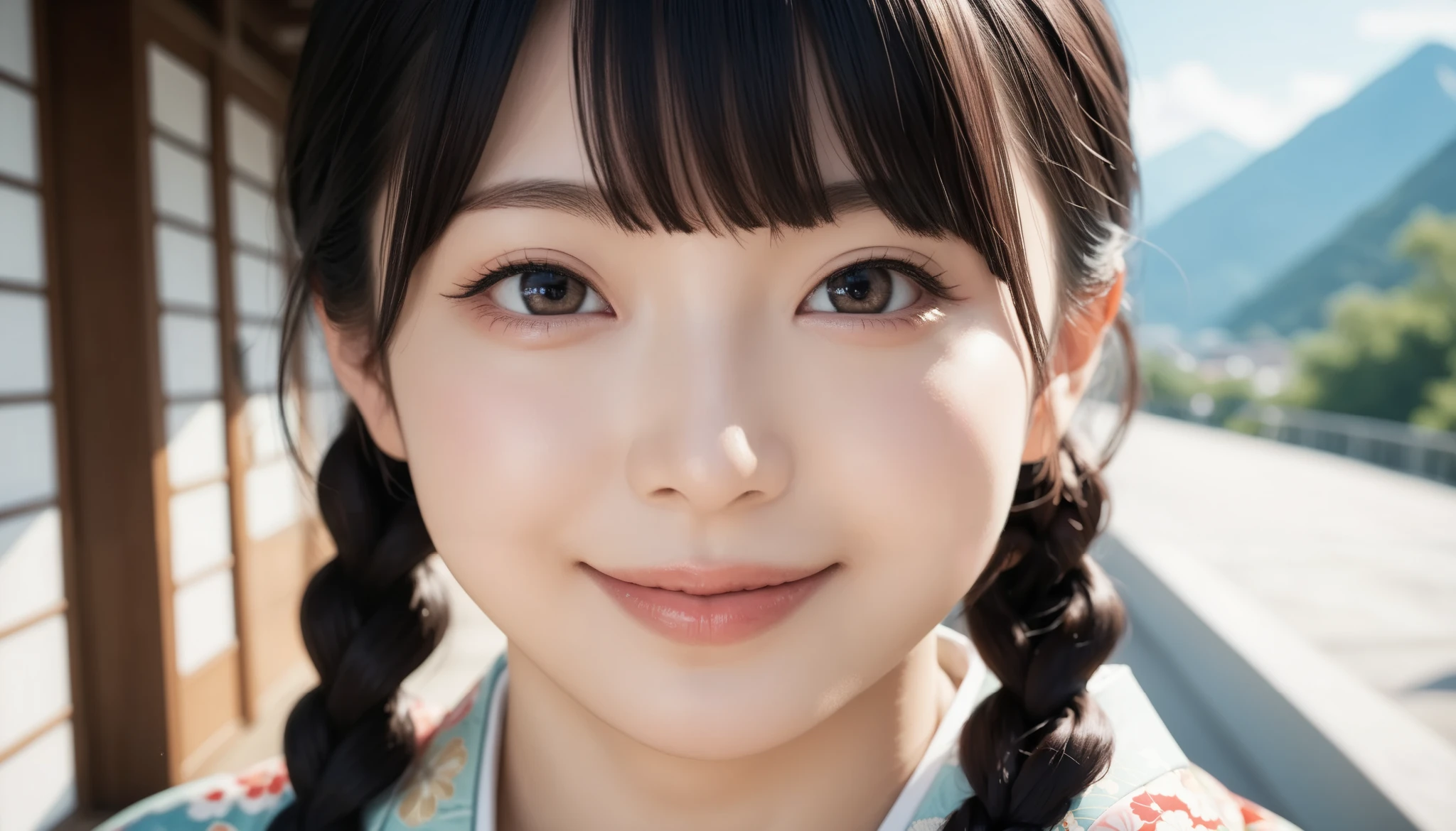 Score_9, Score_8_up, Score_7_up, Score_6_up, Score_5_up, Score_4_up, Source_anime, Tag1, Tag2, Quality_masterpiece, Anatomically correct, young beautiful woman, Beautiful face, Perfect face, Highly detailed beautiful face and eyes, Attractive face, Detailed face, Delicate facial features, Detailed skin, perfect eyes, (natural saggy big breast:1.1), big ass, thick thighs, wide hips, curvy, Eyelashes, (braids hair with bangs), smile, (wearing kimono), Spring season atmosphere, (The background is the Fuji mountain),