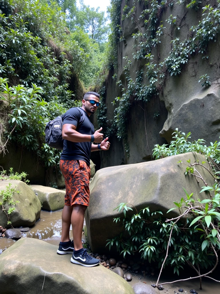 there is a man walking with a suitcase and a motorcycle, jungles in the background, in the background is lush jungle, jungle in background, in a jungle, colombian jungle, in the jungle, in jungle, wearing dirty travelling clothes, against the backdrop of trees, in a river in the jungle, sri lankan mad max style, topless, chest covered with palm leaves