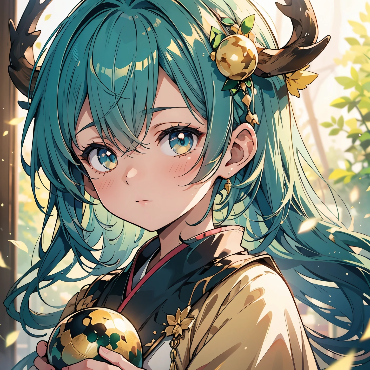 A mesmerizing close-up portrait of a gorgeous little bird illuminated by the soft, golden light of a tranquil morning, with vibrant bokeh balls gently framing its delicate form. A boy hybrid of a bird/deer, He has a blue and green hair, he has a japanese warrior with dark blue on the sleeves.