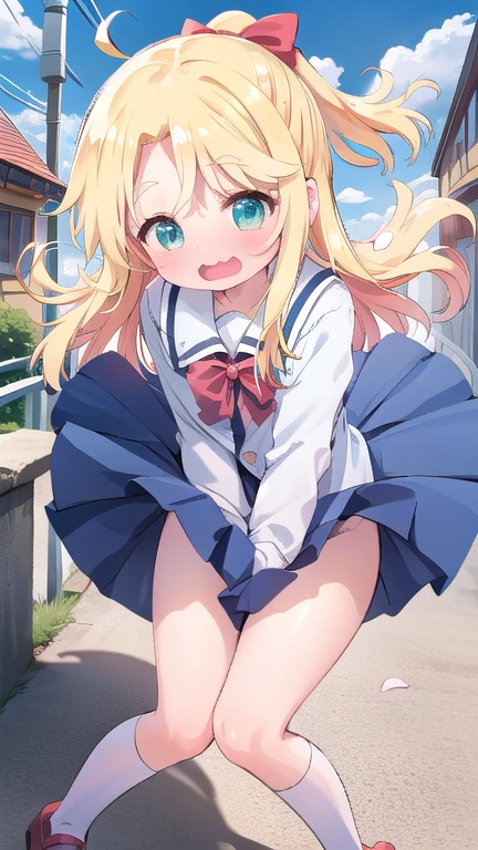 smile, :3, Barbie Core , Highest quality、blonde、Red hair ribbon、、Blue Uniform、skirt open、Long wide skirt、cute、No pants、blush、Watery eye、Cum in pussy,One boy,vagina,Sex,Woman standing on top,From behind