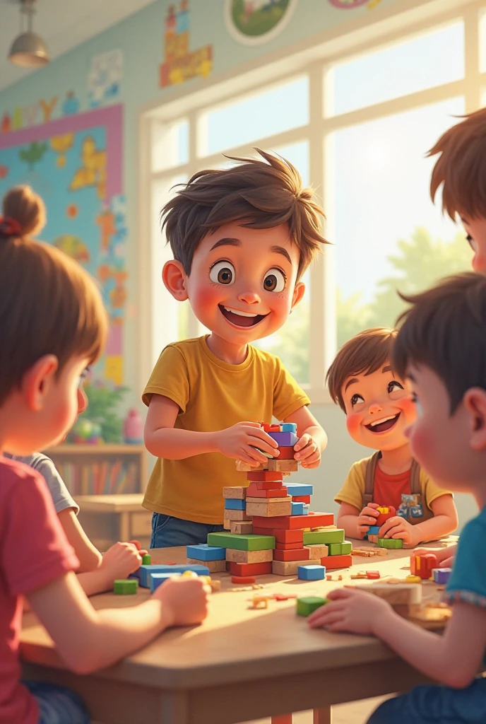 (photorealism:1.2), Boy with light brown hair smiling with colorful puzzle in his brain, looking at a smiling psychologist and playing with him in a room with toys