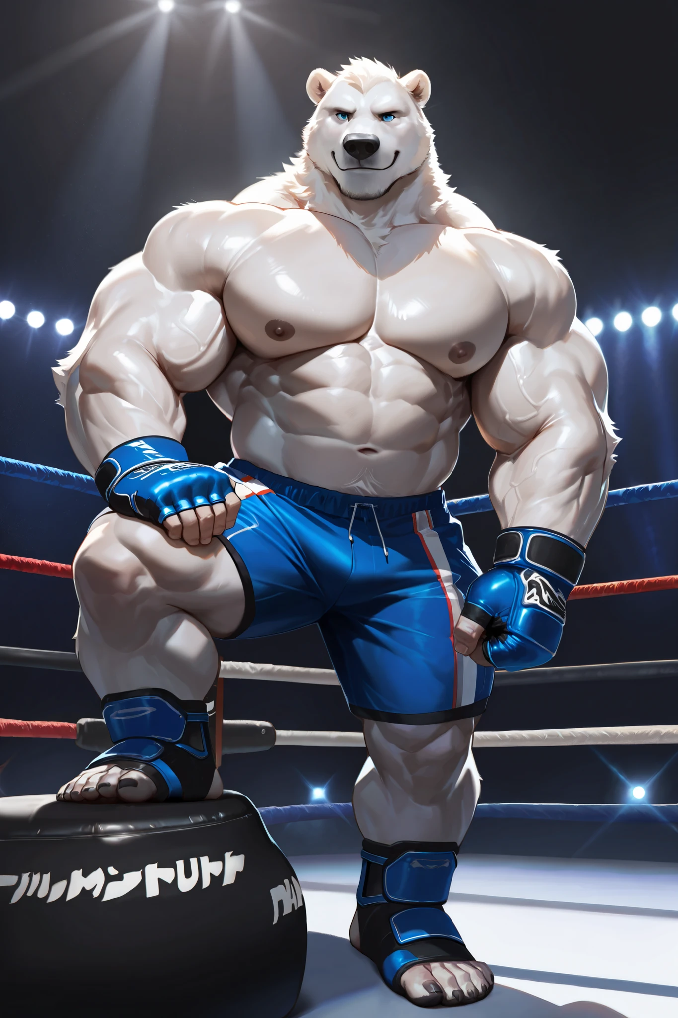 solo, 1boy, muscular, polar bear, very huge pectoral, blue MMA shorts, MMA gloves, ankle support brace, fighting ring, detailed face, lights, fighting arena, smile, detailed eyes, wide shoulder, thick arms, wide pectoral, muscle, short hair:1.2, detailed eyes, focus eyes, shirtless, masterpiece, semirealistic:1.2, high detailed, 8k, high resolution, fullbody, sparring