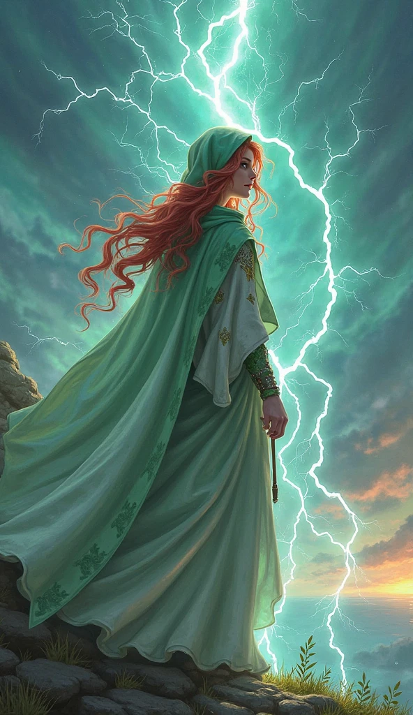 (((Pre Raphaelie Painting))) Nuvens de tempestade, A druid in worship with his arms raised to heaven, cabelos castanhos, espinheiro negro, Lightning crosses the sky, predominance of red tones, roupas vermelhas, Redness, espinheiro-negro, enxofre, mistborn, nevoeiro, Lugar misterioso