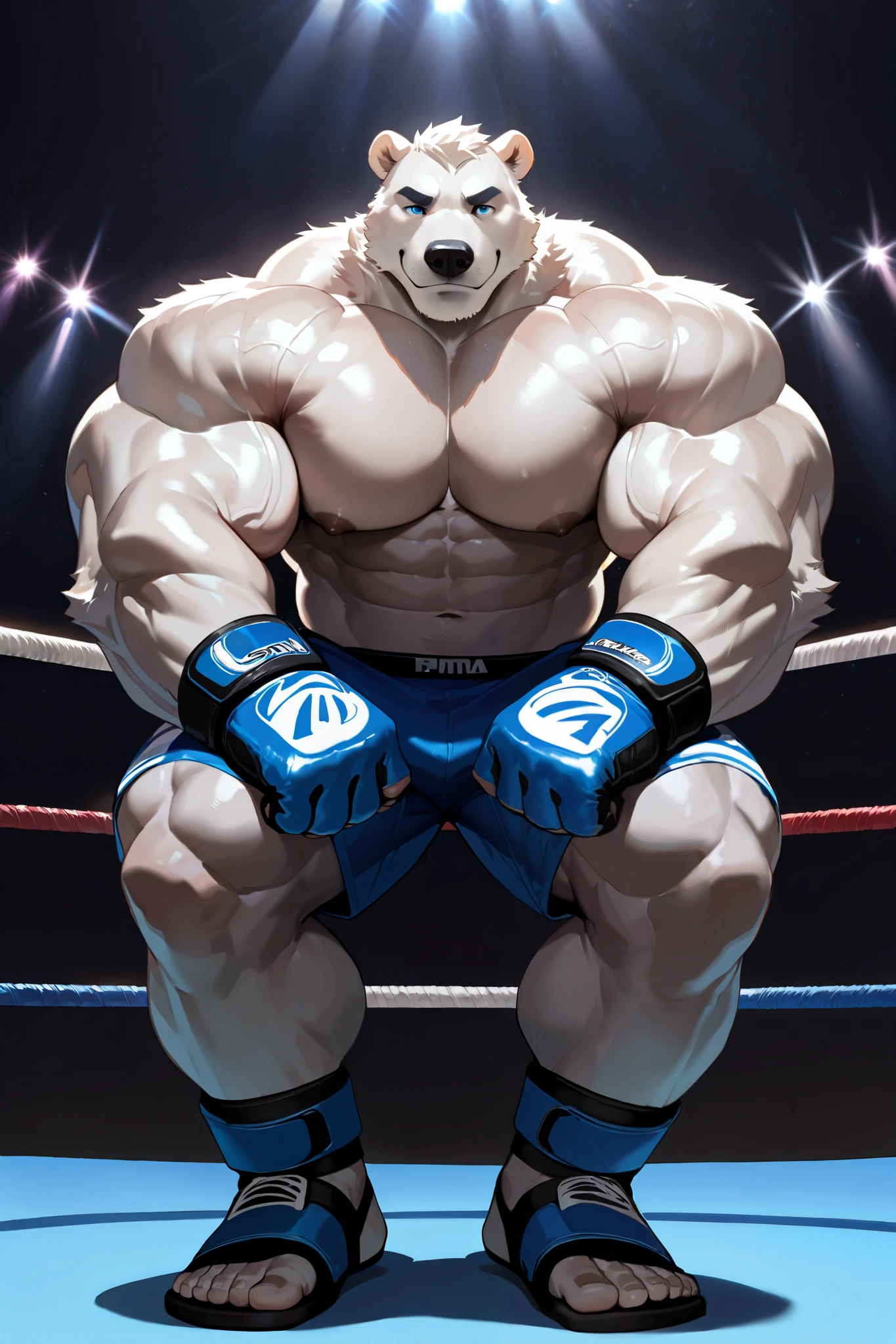 solo, 1boy, muscular, polar bear, very huge pectoral, blue MMA shorts, MMA gloves, ankle support brace, fighting ring, detailed face, lights, fighting arena, smile, detailed eyes, wide shoulder, thick arms, wide pectoral, muscle, short hair:1.2, detailed eyes, focus eyes, shirtless, masterpiece, semirealistic:1.2, high detailed, 8k, high resolution, fullbody, sparring