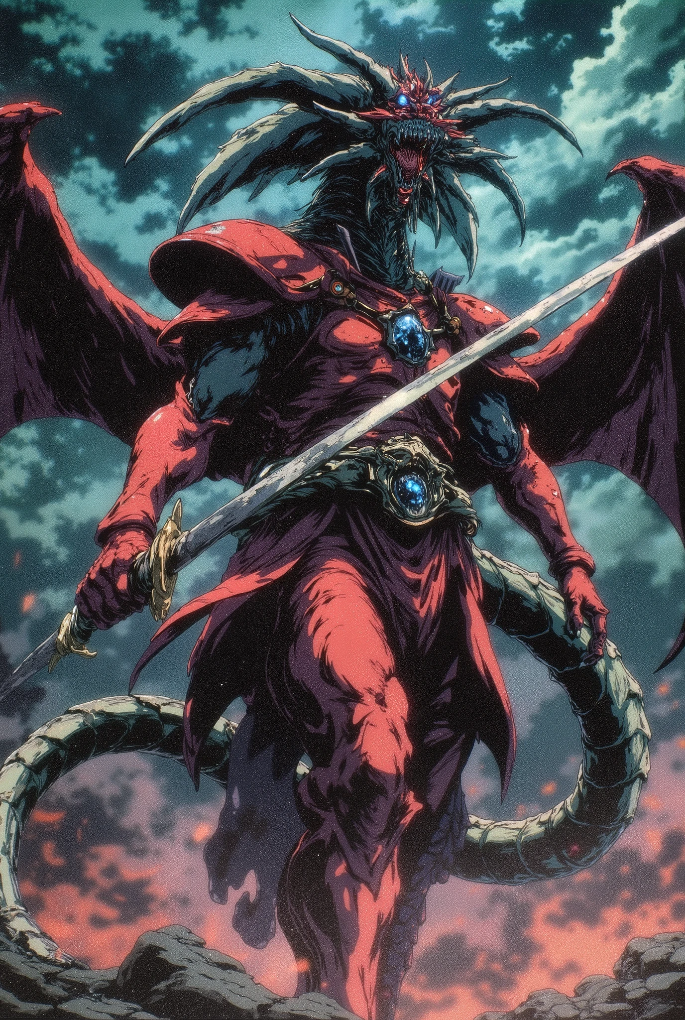 Green Japanese dragon-headed man, dressed in red samurai armor, with sharp claws on his hands, fu mancho mustache, blue eyes in the middle of a long tail storm,