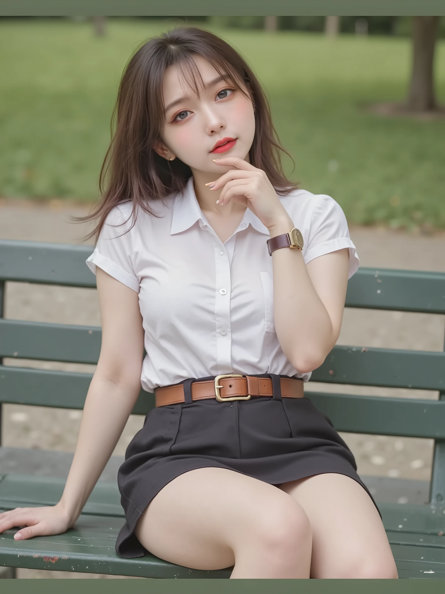 (realisitic、Photorealsitic:1.37)、(​masterpiece)、(top-quality:1.4)、(超A high resolution:1.2)、(Raw photography:1.2)、(foco nítido:1.3)、(Face Focus:1.2)、elegent、(full body Esbian:1.2)、top-quality、​masterpiece、(真实感:1.2)、girl with、brown haired、Brown-eyed、frontage、A detailed face、beautidful eyes、Pleated mini skirt uniform、Panties are slightly visible、Boldly sit on a park bench(1.5)、Biting smile、a lot of eyelashes、high-heels、 Very pretty