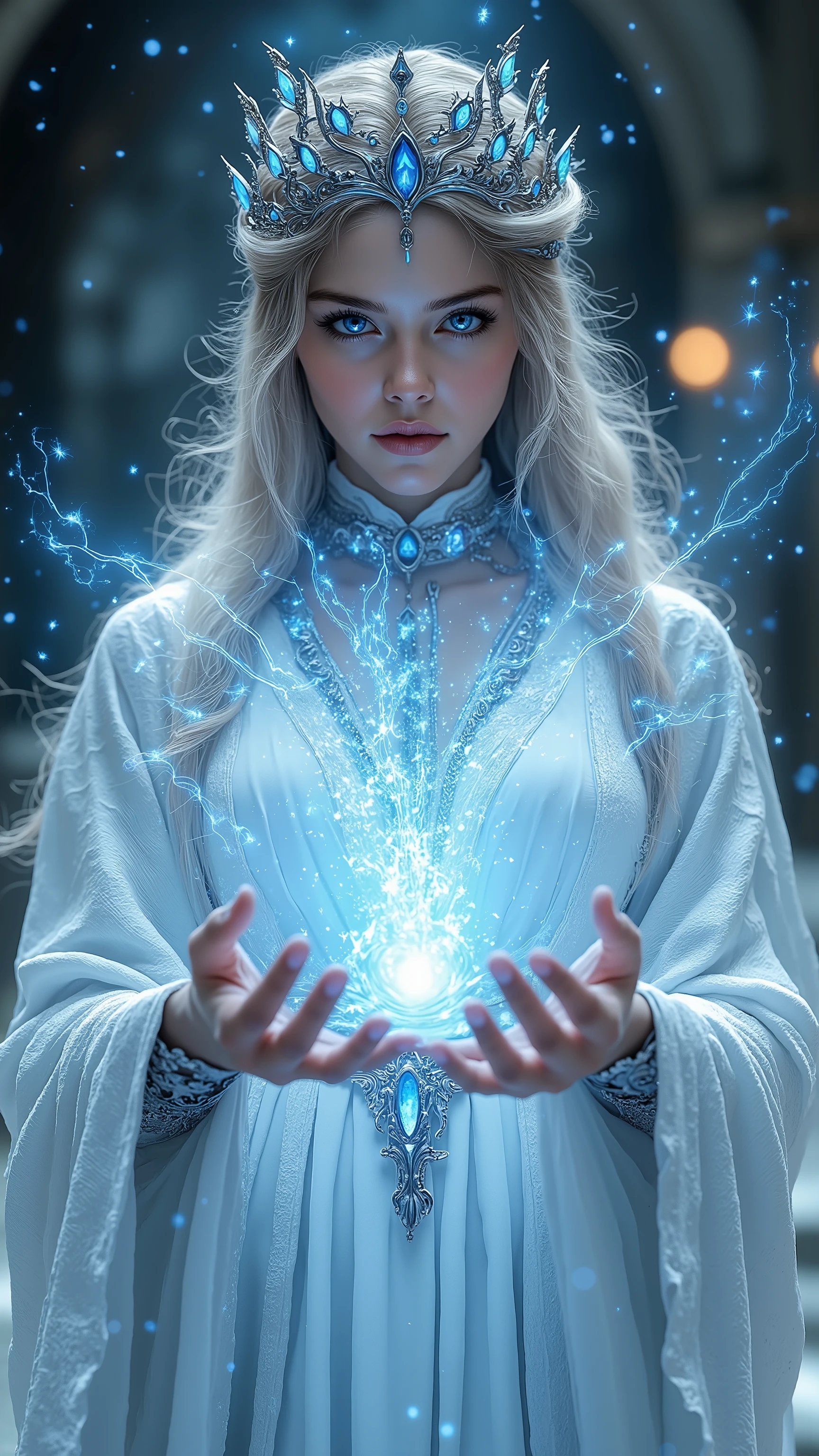 a beautiful woman，Headband crown， wearing a white robe ，Ice magic in your hands