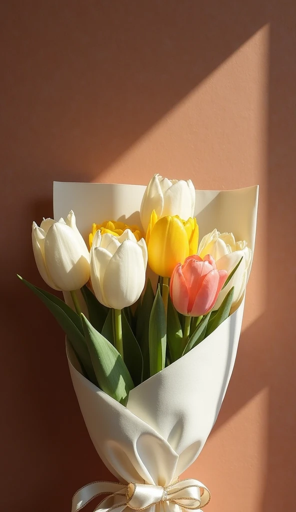 Refine the postcard background wall of a more intense dark brown color with lacquer reflection, the rays of the sun shine, luxurious bouquet of soft white tulips, yellow and pink, wrapped in elegant white paper and covered with ribbon
