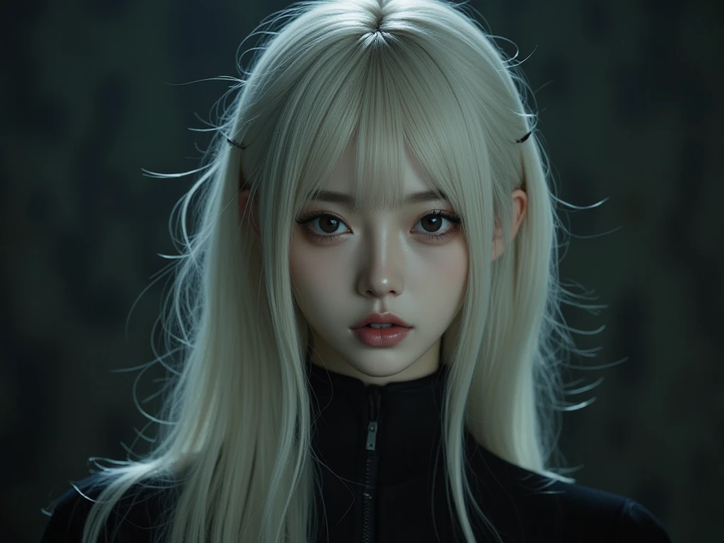 A kpop girl, Chinese, long platinum blonde hair, curtain bangs, dark brown eyes, plump lips, big eyes, pretty, 19 years old, kind of looks like Kim Jennie, NO BANGS, witch, movie like, K-pop music video like, a witch, dark , realistic