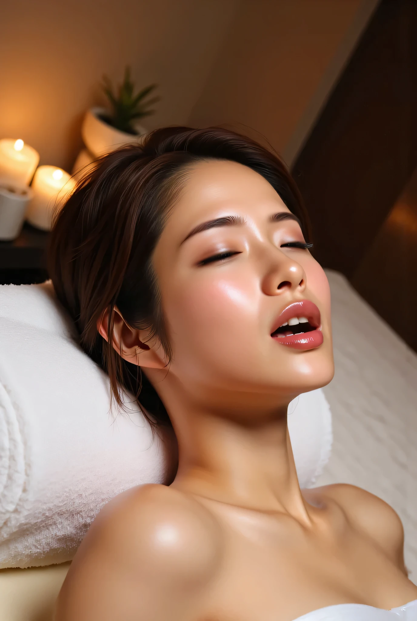 one Japanese woman in transparent underwear、Three male estheticians. she is receiving a special back-menu erotic massage at an oil beauty salon. She is lying on her back on the treatment table. and her head is on a thick white cotton towel. Her whole body is already covered with oil. a lot of oil has been used、dripping down the underside of the body. She feels so good that she is sleeping well with her eyes closed and her mouth open. the light of the candles in the store was illuminating his whole body. has an erotic feel. Male estheticians stimulate her erogenous zones with their hands、Spreading oil on her body. Black and brown hair, wet hair glistening in the candlelight , (low-key twisting), Perspiration, wet and oily skin, pale skin, with your eyes ajar、shoot from collarbone side to head ,((orgasm face)), ((breathing with mouth wide open)), 16k, (Ultra High Quality:1.2), (masterpiece:1.7), Super Detail , Ultra High Definition , Ultra High Definition度, Super white eyes ,beautiful skin , ((A series of powerful orgasms that make you bow your head and scream continues)), eyes slightly twisted, ((skin glistening with oily sweat)), grimace, 《Full body photo of a woman sleeping》, makeup, Red dirty lips, (Anatomically correct hands and fingers:1.8), ., Armpit hair, her arms are away from her body., Big Breasts, software,、Break through the limit for a powerful, never-ending orgasm、female anatomically correct human body structure,