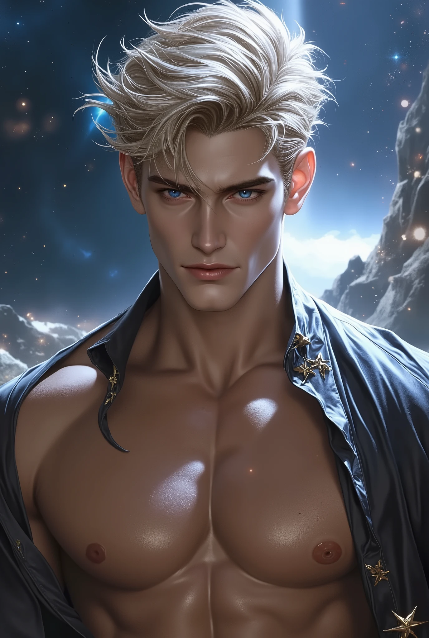 Blond man with blue eyes , medium length hair , naked torso, Perfect Anatomy , star wanderer, Courageous, beautiful , 4K, high quality, detailed , masterpiece fails,