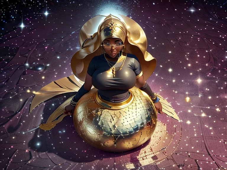 high quality, galactic looking girl, dark space skin filled with stars, gold eyes, iron crown with blue gem, four arms, SERIOUS LOOK, without bodily features, unclothed, Medium Chest, golden chains around him, White hair,
