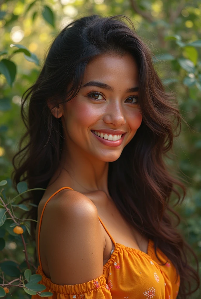 A 19-year-old woman with black hair, light brown skin, beautiful, lovely, wonderful, beautiful smile 