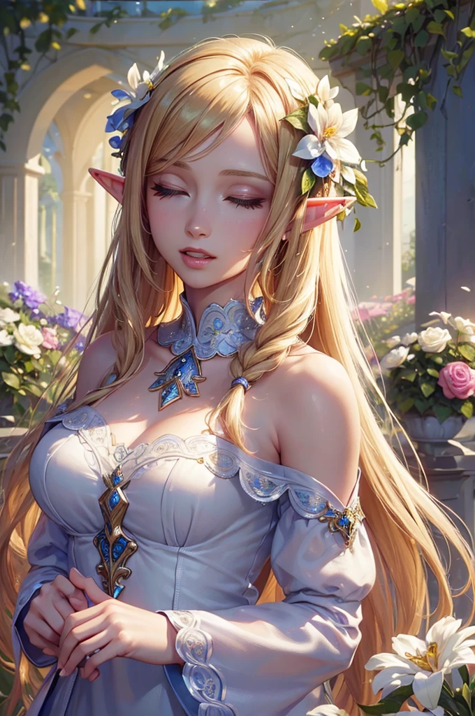 work of art, epic details, ultra detaild, best resolution, Woman, blonde, (BEAUTIFUL ELF), crown with crystals ((rosto angelical)), sculptural body, clothes made with green leaves, ((perfect hands))), ((expression of happiness)), (Grinning), great smile, Simple smile, scenario:Enchanted Forest, supper: running among the roses, wildflowers, no mistakes, (((epic details na face))), (((ultra perfect eyes)))